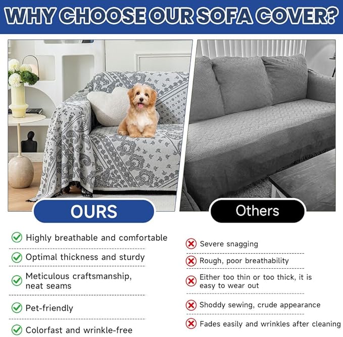ROOMLIFE Couch Cover Black Boho Sofa Covers for 3 Cushion Couch Washable, Furniture Protector Sofa Couch Cover for Dogs, Soft Breathable Sofa Slipcover, Couch Throw Blankets with Tassels 71''X134''