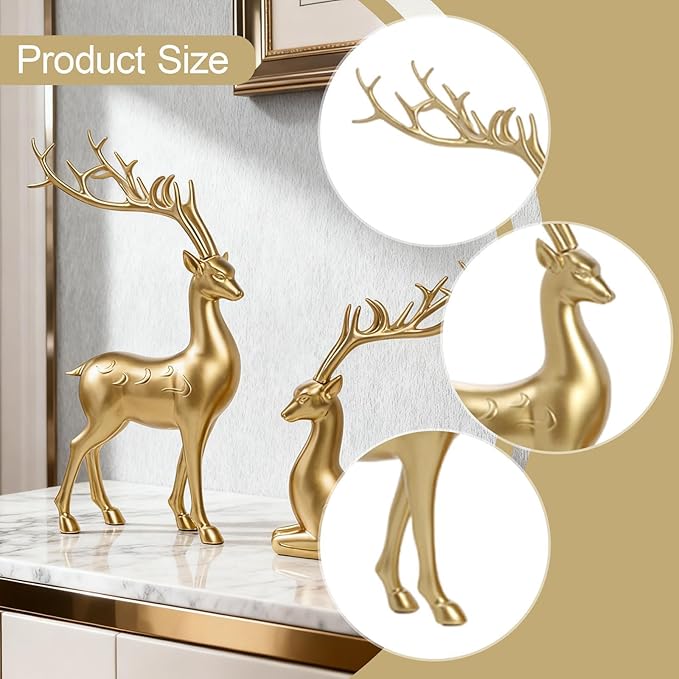 Fenteer 2X Reindeer Figurines Sitting Standing Deer Statues Table Centerpiece Rustic Ornaments Elk Sculptures for Indoor Office Gifts