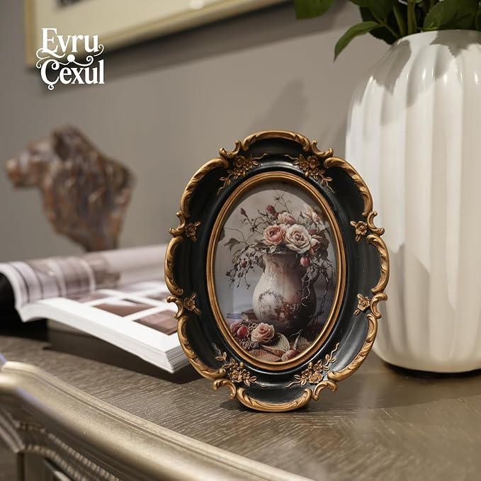 Oval Vintage Picture Frame 4x6 - Ornate Black Gold Photo Frame 4 By 6, Antique Photo Frames 4x6in, Rustic 4x6 Small Frames Retro Decorative Wall Hanging For Home Decor
