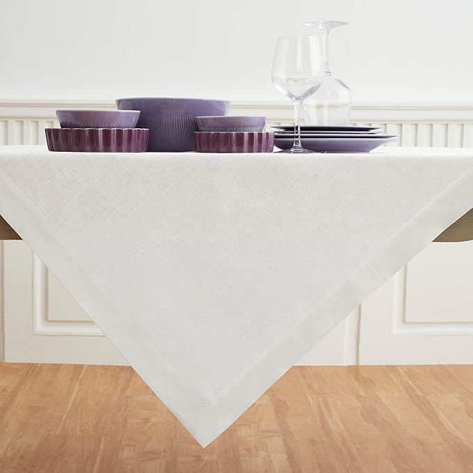 Solino Home Linen White Square Tablecloth 52 x 52 Inch - 100% Pure Linen Table Throw - Fete, Machine Washable Table Cloth for Fall, Autumn, Winter, Thanksgiving, Christmas, Holiday