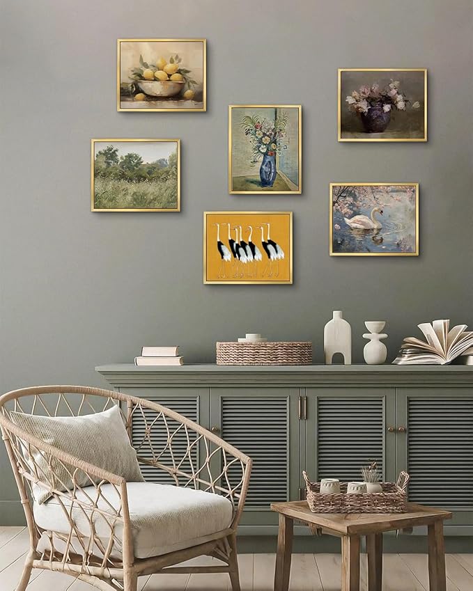 AIMAILON Vintage Gold Canvas Wall Art Framed Decor Classical Nature Theme for Living Room Office Home Decoration Pink Flower Botanical Aesthetic Picture Still Life Artwork Decor 8x10