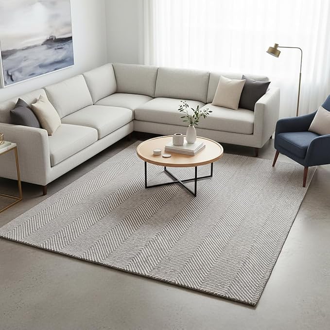 Modern Herringbone Chevron Collection Handcrafted Wool Area Rug - Durable, Zigzag Pattern, for High Traffic, Contemporary Design for Living Room, Bedroom, Dining Room Decor (Smoke Grey, 7' x 9')