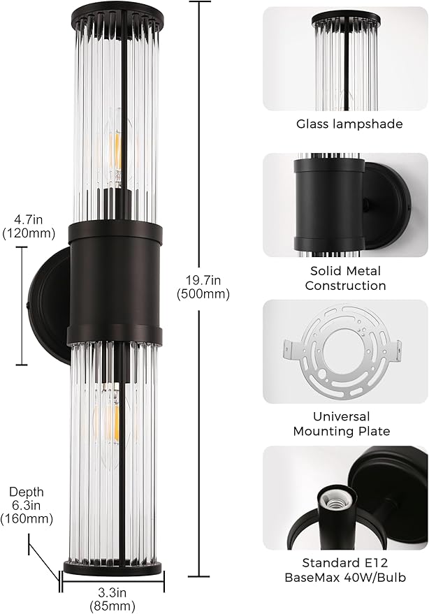 DORESshop Black Wall Sconce, 19.7” Sconces Lighting, 2-Light Modern Light Fixtures, Bathroom Vanity Light for Living Room, Bedroom, Sconces Wall Decor