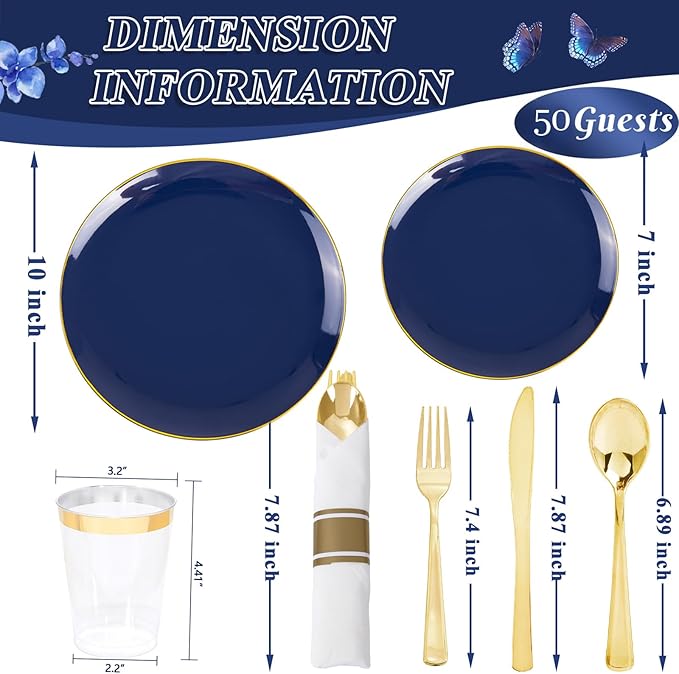 KIRE 350Pcs Blue and Gold Plates -Heavy Duty Navy Blue Dinnerware Set - 100 Plastic Plates 50 Pre Rolled Napkins with Gold Plastic Silverware 50 Cups for Upscale Hanukkah/Birthday/Wedding/Parties