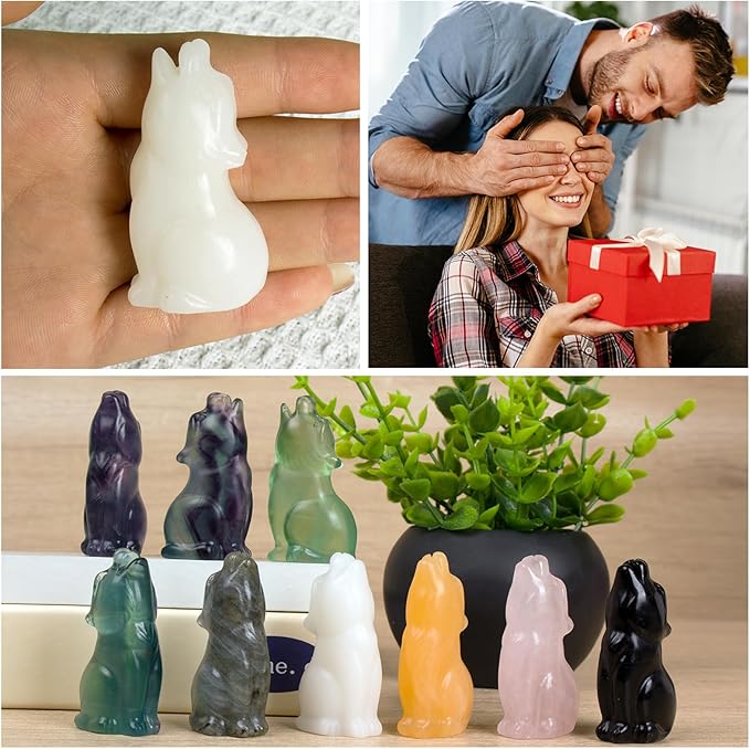 White Jade Howling Wolf Crystal Figurines, 2.2 Inch Wolf Totem Spirit Animal Statue Decor for Home Office Desk Altar, Hand Carved Natural Healing Crystal Sculpture Gifts for Women Men