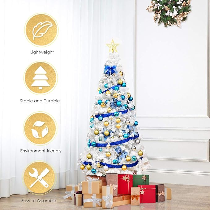 GOFLAME 5FT Artificial White Christmas Tree Home Holiday Décor, Metal Stand PVC Material 350 Branches Indoor Decoration, Easy Assembly