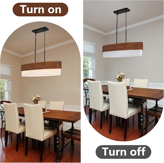 33.5'' Dining Room Chandelier Over Table, 4-Light Farmhouse Kitchen Island Lighting, 2-Tier Large Linear Chandelier with Faux Wood Texture and White Fabric for Dining Room Kitchen Island