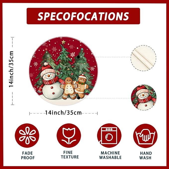 XCHI Winter Red Snowman Gingerbread Man Christmas Tree Xmas Round Placemats Set of 4 Table Mats for Party Home Kitchen Dining Table Decorations 14x14 Inch