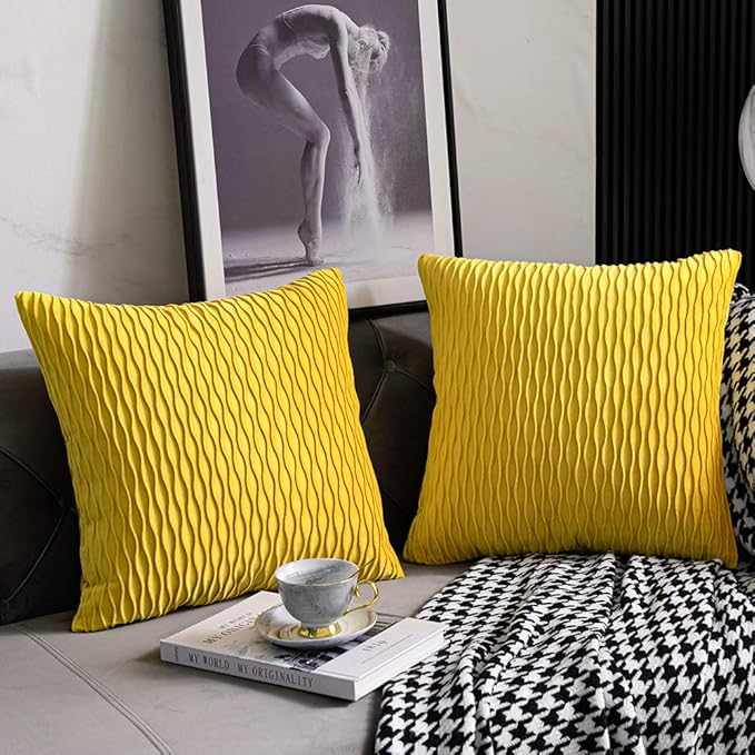Mustard Yellow Couch Pillow Covers: 2 Pack 16x16 Inch Original Striped Velvet Square Throw Pillow Cases for Farmhouse Home Decor