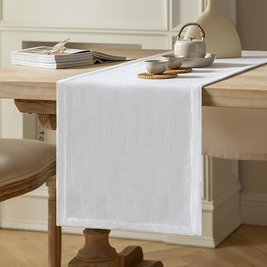 ZeeMart Burlap Style Farmhouse Table Runners 108 Inches Long, White Rustic Woven Dining Table Runner for Everyday Use, 14x108 Inches, White