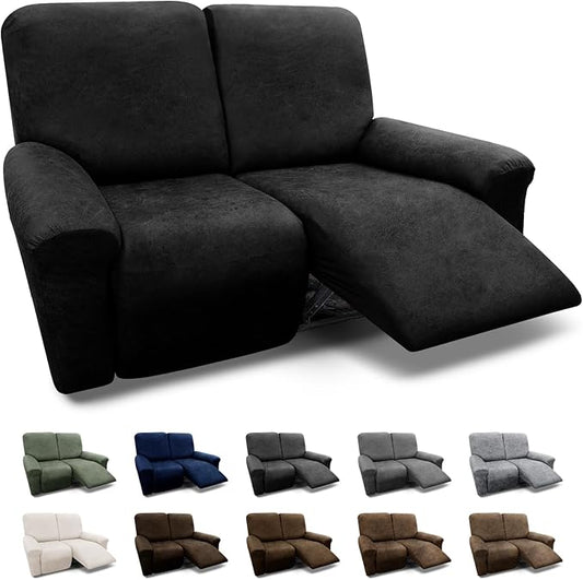 Loveseat Recliner Cover - 6-Piece 2 Seater Slipcover With Pockets, Leather Look Spandex Furniture Protector (Black)
