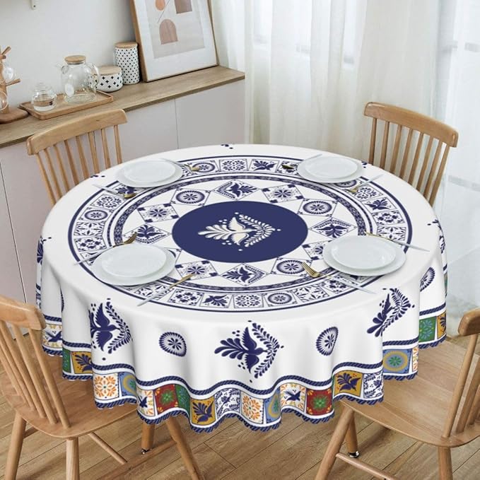 Mexican Round Tablecloth, Floral Bird Talavera Ceramic Tile Dia De Los Muertos Azulejo Mosaic Water Resisitant Table Cover for Dining Kitchen Living Room Home Party Holiday Decor 36 inch Round