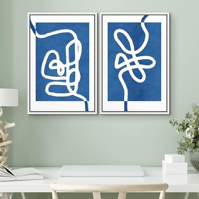 SIGNWIN Framed Wall Art Print Set White Line Contrasting Blue Backround Abstract Swirly Digital Art Modern Art Mid-Century Modern Expressive for Living Room, Bedroom, Office - 16"x24"x2 White