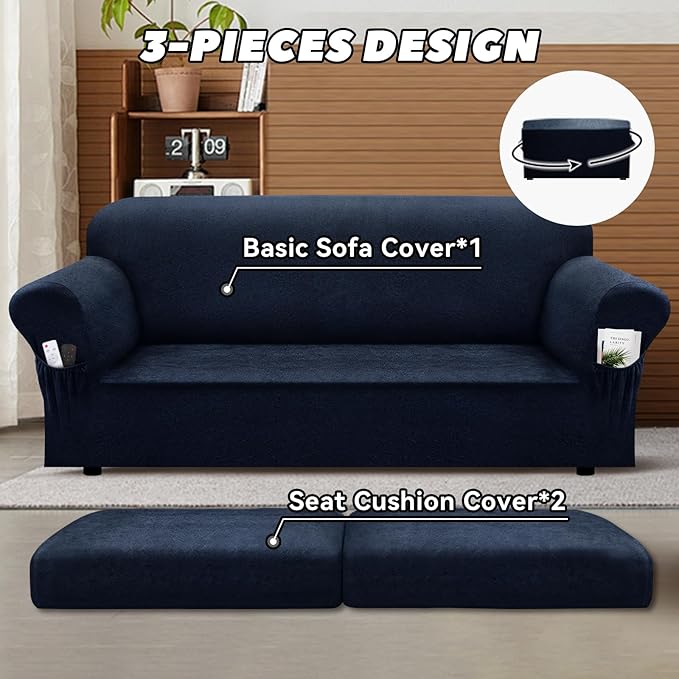 Sofa Slipcover with Armrest Pockets 3-Piece Set, Stretch Faux Leather Couch Cover for 2-Cushion Couches(Fits 72-92") - Non-Slip, Machine Washable, Pet & Kid Friendly - Navy