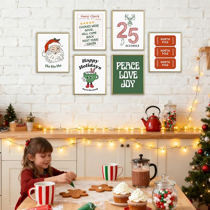 WINDVALE Retro Christmas Wall Art Prints –Vintage Holiday Posters with Santa, North Pole Tickets & Festive Quotes,Christmas Decorations for Living Room, Kitchen & Fireplace(8×10 Unframed)