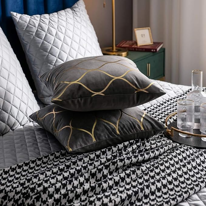 Gold Velvet Throw Pillow Covers: 2 Pack 16x16 Inch Square Decorative Pillow Cases for Bedroom Sofa Couch Living Room, Light Grey