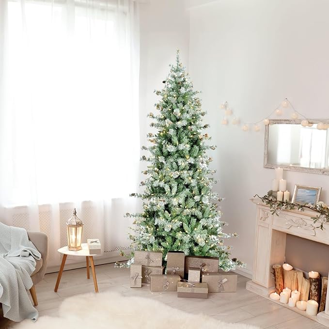 Fraser Hill Farm 7.5-Ft Buffalo Fir Slim Artificial Christmas Tree with Warm White LED Lights, Prelit Foldable Fake Tree with Realistic Snowy Foliage and Pinecones for Home Decoration