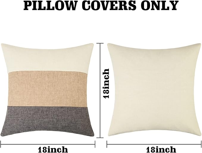 Pyonic Boho Farmhouse Throw Pillow Covers 18x18,Decorative Square Pillowcases Home Cushion Covers Case for Bed Couch Sofa,Tan Cream White and Grey,Set of 2