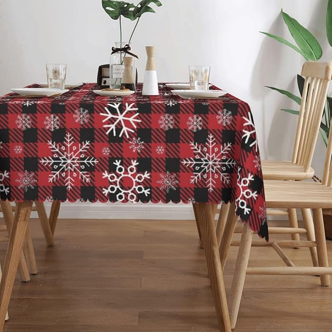 Christmas Plaid Table Cloth for Dining Tables,Reusable Red and Black Buffalo Plaid Snowflake Tablecloths Xmas Decoration Rectangle Table Cover for Winter Holiday,Kitchen,Party,54x72In