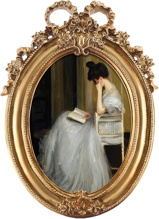 FOLKOR Classical Wall Art Prints with Vintage Gold Picture Frame, Girl Reading Canvas Oil Paintings Farmhouse Room Decor for Bedroom Study Room Dorm, Gift for Book Lovers Birthday Housewarming, 4x6