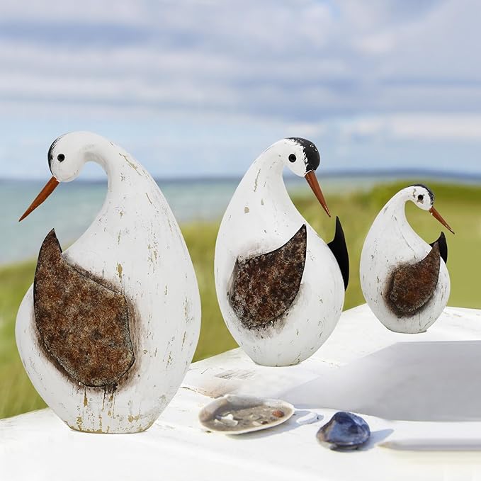 Aecipl Wood Bird Statue Standing Seagull Nautical Decor Coastal Birds Sculpture Indoor Outdoor Animal Figurine Beach Themed Decoration Rustic Home Art for Bedroom Garden (B, S)
