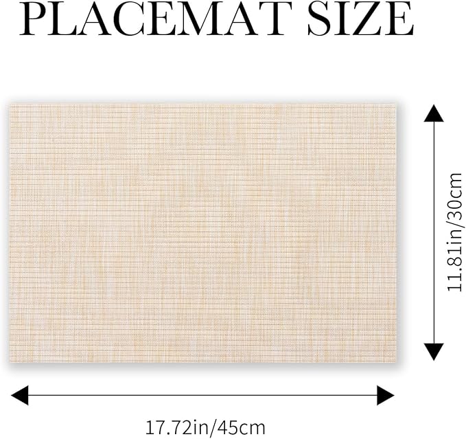 BACKTOEDEN Placemats Set of 12 Heat Resistant Washable Wipeable Placemat Woven Non-Slip Foldable Vinyl/Plastic Place Mats Indoor/Outdoor Mat Kitchen Dining Table Pad, Beige Silver Line