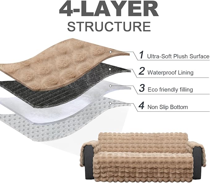 Plush and Fuzzy Shaggy Couch Cover, Dog Pad Faux Fur Sofa Cover, Water Resistant Slipcover, Non-Slip Furniture Protector for Kids,Dogs,Cats.(Light Brown-Bubble, X-Large Sofa)