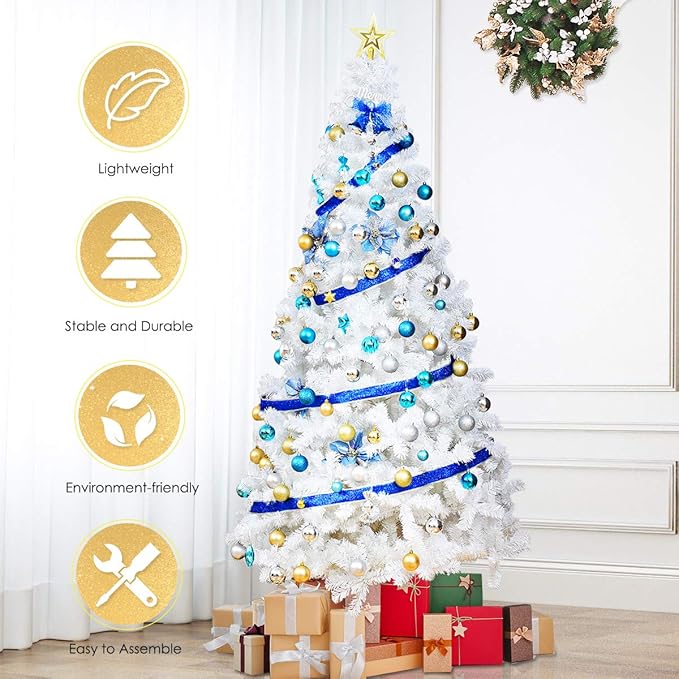 GOFLAME 8FT Artificial White Christmas Tree Home Holiday Décor, Metal Stand PVC Material 1138 Branches Indoor Decoration, Easy Assembly