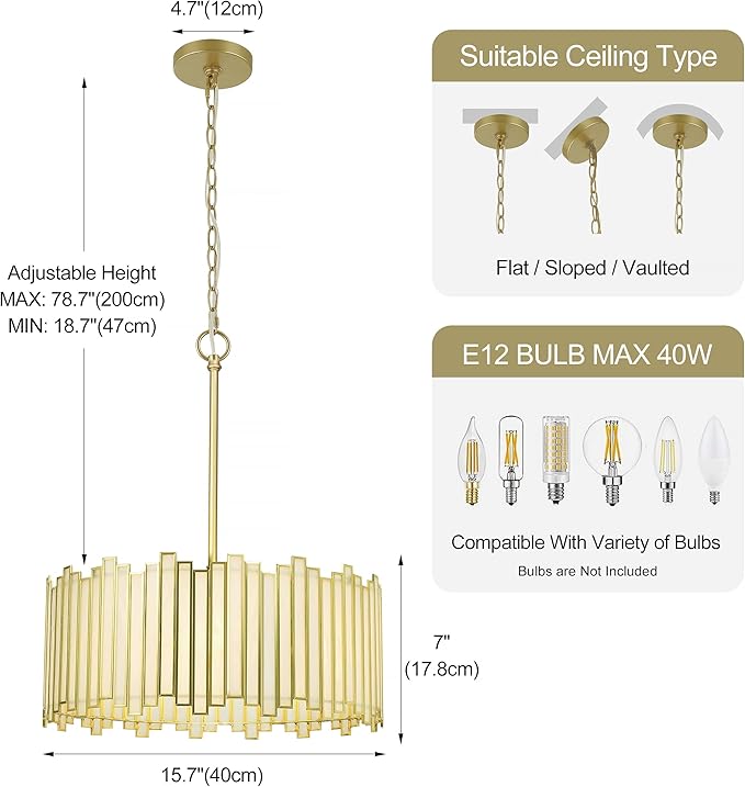 Gold Drum Chandelier 4-Light, Modern Drum Pendant Lighting Fixture with Tiffany Glass Shade, 16” Round Ceiling Hanging Light for Bedroom Dining Room Kitchen Entryway Living Room (Gold)