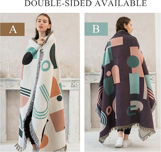 Double-Sided Cotton Woven Throw Blanket with Tassel Jungle Bohemian Style Tapestry Shawl Multi-Function Decorative Throws for Sofa Bed Armchair Camping Blanket Tablecloth Carpet 160x130cm