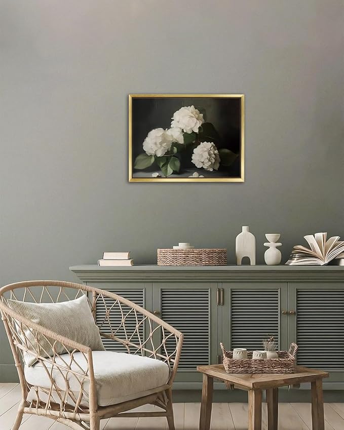 AIMAILON Vintage Gold Canvas Wall Art Framed Decor Classical Botanical Aesthetic Picture Blooming White Hydrangea Flowers Artwork Retro Light Boho Print Desktop Decoration 12x16