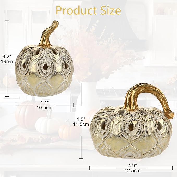 Hollyone Fall Pumpkin Decor 2 PCS Champagne Gold Resin Pumpkins Figurines Fake Pumpkins Faux Pumpkins Rustic Farmhouse Centerpiece for Thanksgiving Harvest Halloween Autumn Fall Decorations for Home