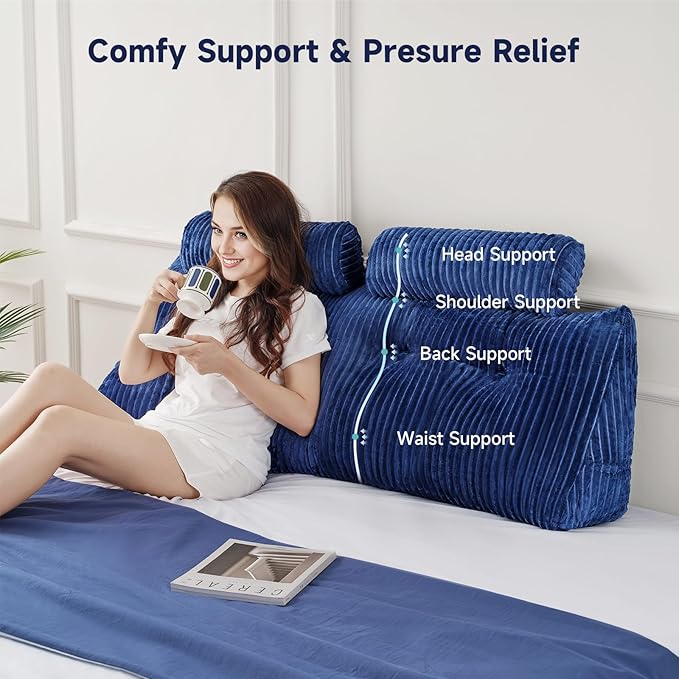 Z-hom Large Wedge Pillow Headboard, Full Triangular Headboard Pillow, Reading Pillow Bed with a Roll Pillow for Bed Sitting Up Sleeping, Backrest Cushion Headboard Gap Pillow for Back,Blue