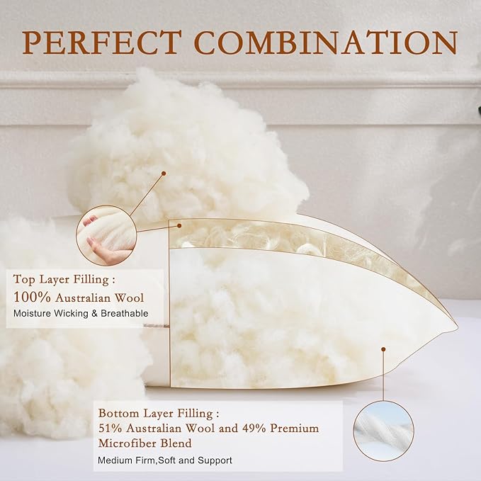 YOUR MOON Organic Wool Pillow Queen Size Set of 2, Soft Support Bed Pillows for Sleeping, Natural Wool & Down Alternative Filling, Luxury Hotel Quality Pillows,100% Cotton Cover (Off White)