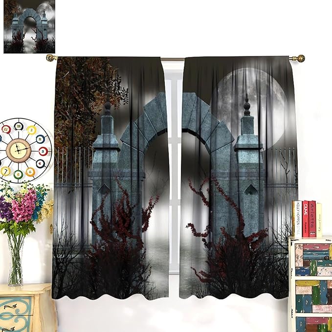 Gothic Mid Century Blackout Curtains, Scary Medieval Moon Dark Night Theme Window Drapes, for Living Room Bedroom 27.5(W)*63(L) 2 Panels