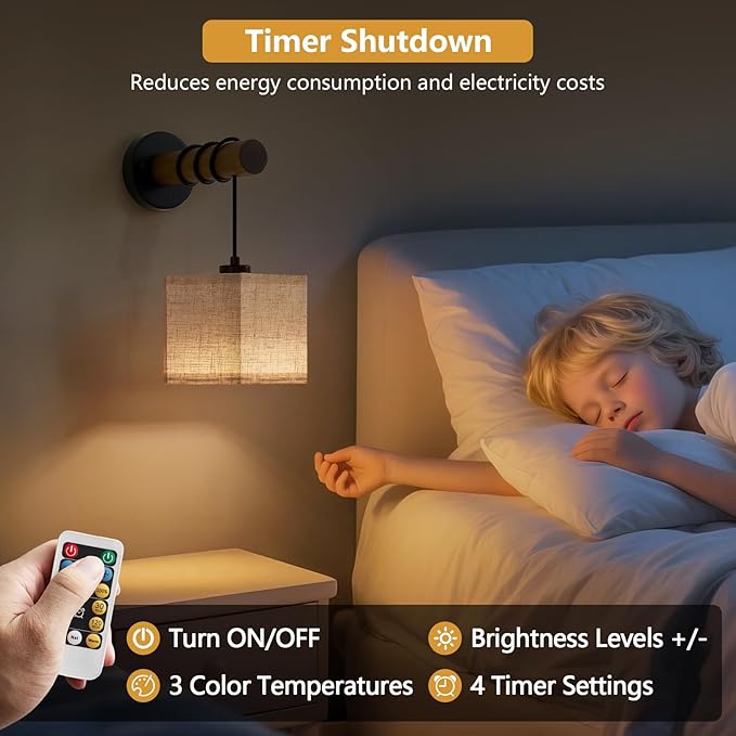 Battery Operated Wall Sconces Set of 2, Modern Rechargeable Wall Mounted Lamps with Remote Control, Adjustable 3 Colors Dimmable Wall Lights for Bedroom, Wooden Arm, Hexagonal Fabric Shade