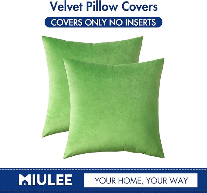 MIULEE Pack of 2 Velvet Pillow Covers Decorative Square Pillowcase Soft Solid Cushion Case for Spring Sofa Bedroom Car 18x18 Inch Lime Green
