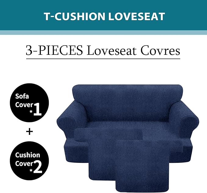 T Cushion Loveseat Slipcover 3 Pieces Sofa Covers for T Cushion Sofa Stretch Slip Covers for 2 Cushion Couch with 2 Individual T Shape Seat Covers (Navy, 2 Cushion)