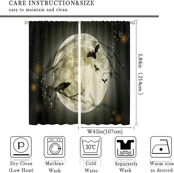 Gothic Halloween Full Moon Blackout Curtains, Gothic Halloween Night Black Bat Crow Print Window Drapes, for Kids Boys Bedroom Living Room 42(W)*84(L) 2 Panels