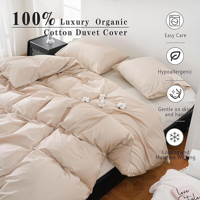 100% Organic Cotton Duvet Cover Queen Size 400 Thread Count Sateen Comforter Cover Soft and Breathable Cooling Bedding Set 3 Piece（Dusty Pink,Queen）