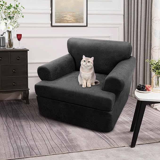 2-Pieces T Cushion Armchair Slipcovers Leather Look Couch Cover Chair Covers Stretch Furniture Protector Sofa Cover with 1 Individual T Cushion Seat Cover Slipcover Sets Washable, Dark Grey