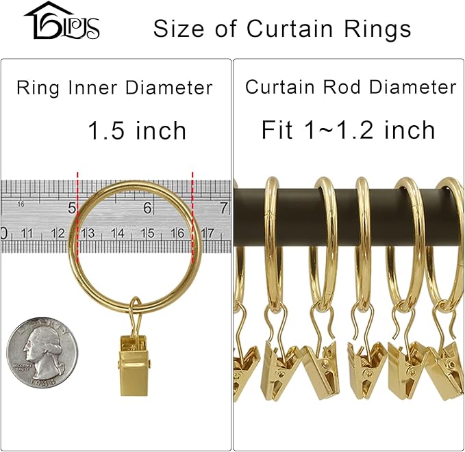 20 Pack Metal Curtain Rings with Clips, Curtain Clip Rings Hooks for Hanging Drapery Drapes Bows, Curtain Rod Rings 1.5 inch Interior Diameter, Gold