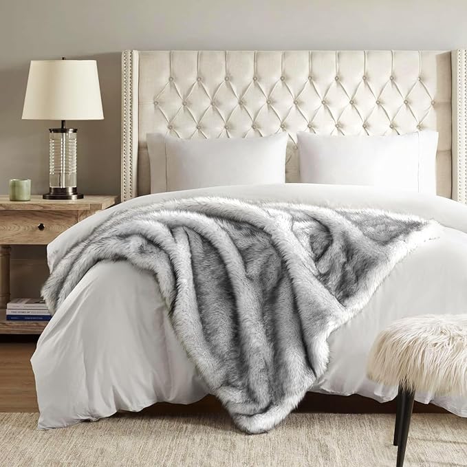 Hyde Lane Long Pile Faux Fur Throw Blanket, Luxury Fluffy with Black Tipped Throws for Home Couch Sofa Decor, Fuzzy Plush Blankets for Women, Direwolf (50x60)