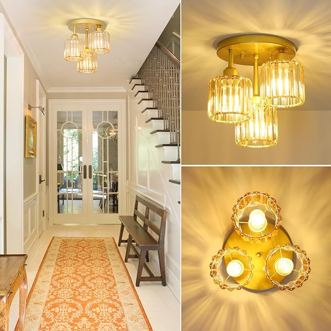 Semi Flush Mount Ceiling Light,3-Light Crystal Close to Ceiling Light Fixtures,Kitchen Light Fixture with Amber Crystal Shades,Hallway Light Fixtures for Kitchen Entryway Bedroom Bathroom