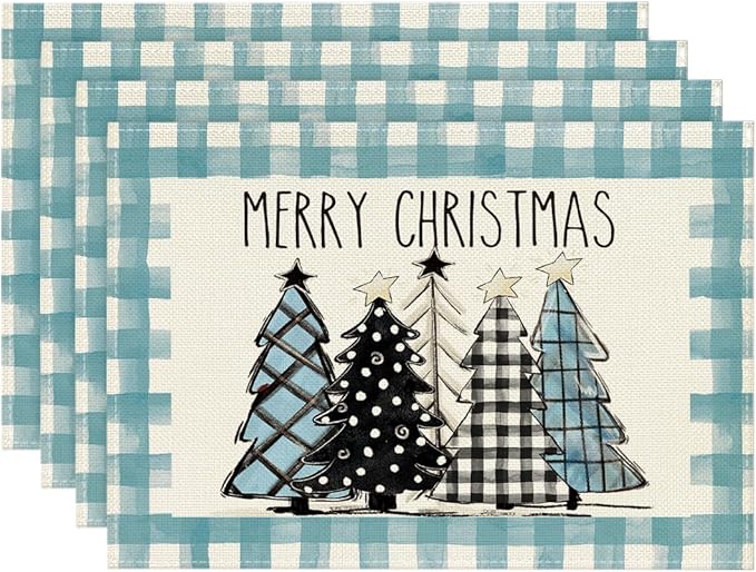 Artoid Mode Xmas Trees Light Blue Buffalo Plaid Christmas Placemats Set of 4,12x18 Inch Winter Holiday Table Mats for Party Kitchen Dining Decoration