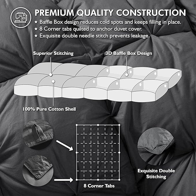 Luxurious Twin/Twin XL Goose Down Comforter, Unique Gray Pinch Pleat, 600 Thread Count, 100% Egyptian Cotton Cover, 65 Oz Fill Weight, 750 Fill Power