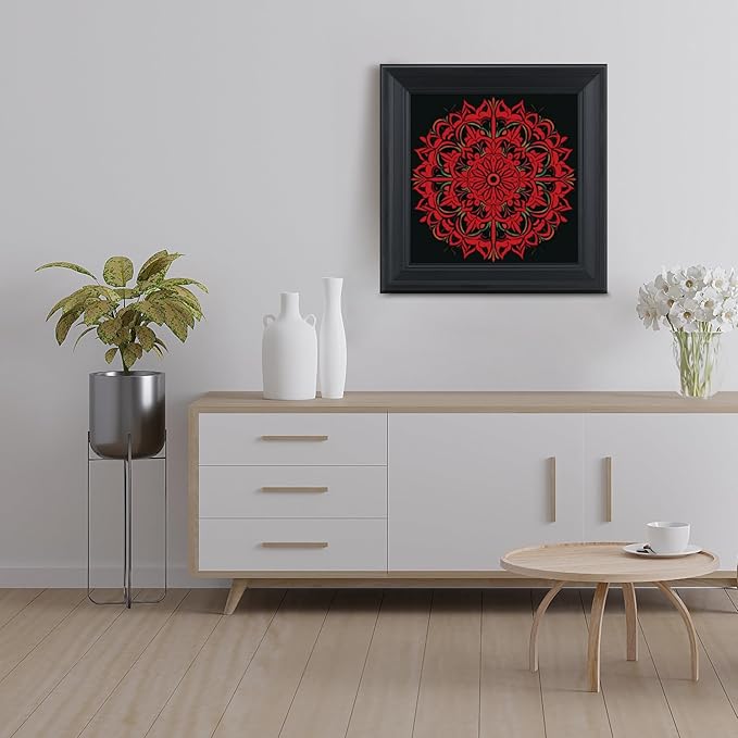 Brivoria Mandala Wall Art Home Decor, Framed Red Ember Glow Mandala Artwork, Modern Spiritual Energy Wall Decor for Living Room Dining Room Hallway or Meditation Space, Warm Decorative Accent, 16x16