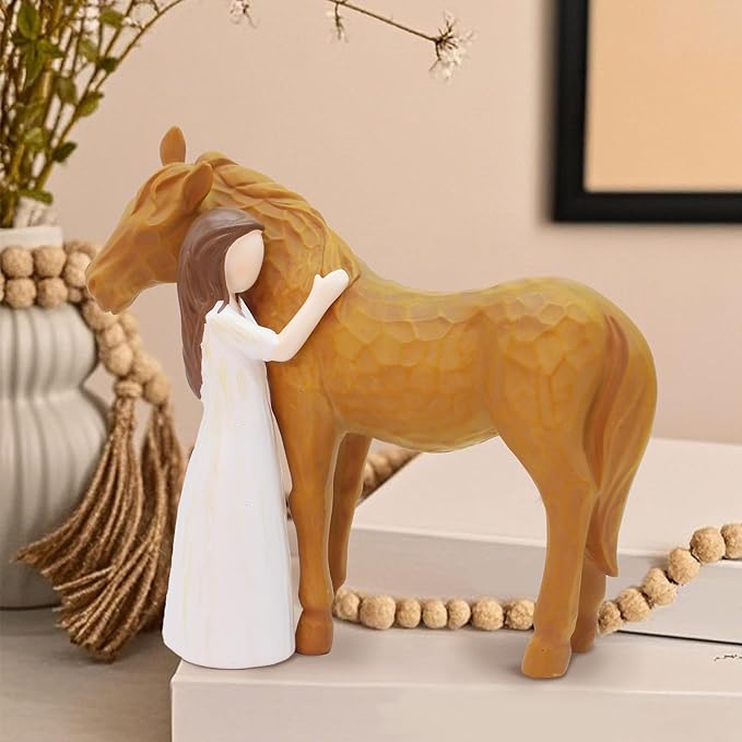 Horse Gifts for Women - Hand-Painted Sculpted Resin Figurine Statue, Girl Embracing Horse Statue Decor Gifts for Girls, Memorial Keepsake for Cowgirls & Equestrians for Birthday