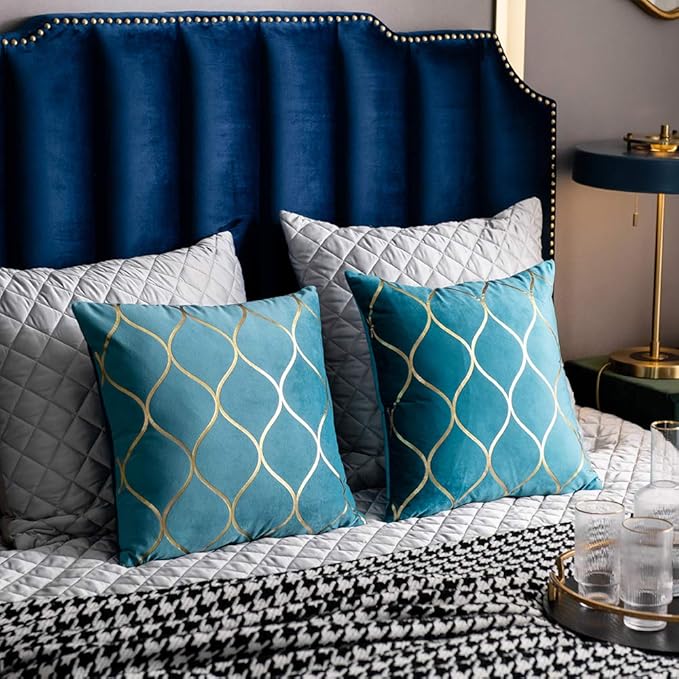 22x22 Inch Gold Velvet Throw Pillow Covers: 2 Pack Square Decorative Pillow Cases for Bedroom Sofa Couch Living Room, Turquoise