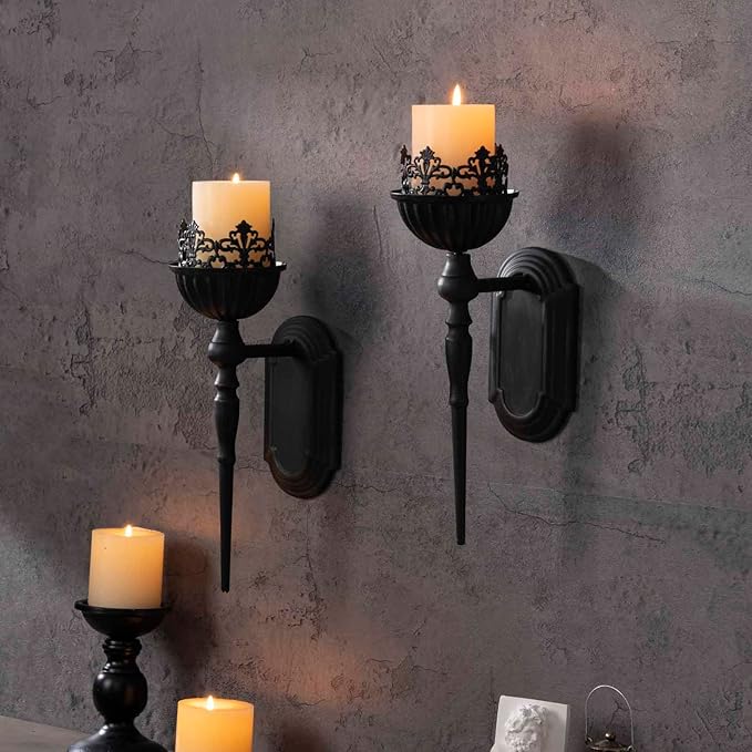 Wall Sconce Candle Holder (Set of 2) Black Crown and Scepter Design Wall-Mount Metal Candle Holders Hanging Iron Wall Candle Sconce Holder for Living Room, Bathroom, Dining Room